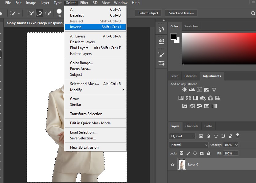 Kako promijeniti boju pozadine u Photoshopu - Select inverse