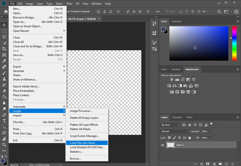 Otvaranje fotografija u dokumentu Photoshopa Scripts -Load files into stack