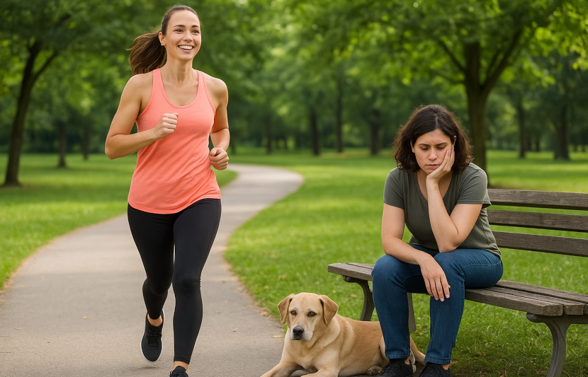Kako je Lejla pobijedila depresiju, svrha slike je prikazati dvije različite žene. Jednu trkačicu koja je zadovoljna i aktivna, i drugu, depresivnu ženu koja na klupi sjedi