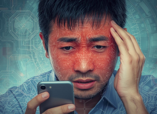 Kako mediji koriste strah, futuristički dizajn slike, muškarac s rukom na sljepočnici, lice izražava strah, napetost i zabrinutost