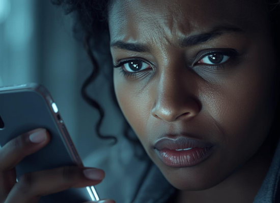 Negativna pristranost u medijima, žena pod stresom drži pogled uperen ka ekranu mobitela